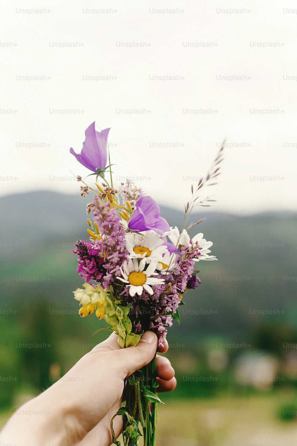mujer hipster sosteniendo flores silvestres en la mano con vista en los bosques y el cielo, en las montañas del verano, concepto de viaje, espacio para el texto