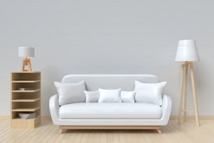 Der Innenraum hat ein weißes Sofa und eine Lampe auf leerem weißen Wandhintergrund, 3D-Rendering