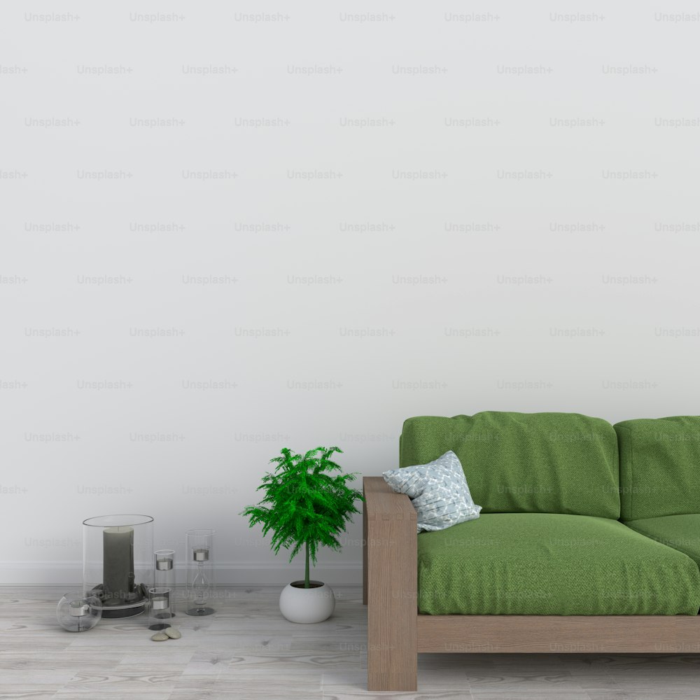 木製の床と白い壁に緑のソファ、3Dレンダリングのあるリビングルームのモダンなインテリア