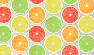 明るい背景にオレンジ、レモン、グレープフルーツ、ライムのスライスで作られたパターン。ミニマルな夏のコンセプト。フラットレイ。
