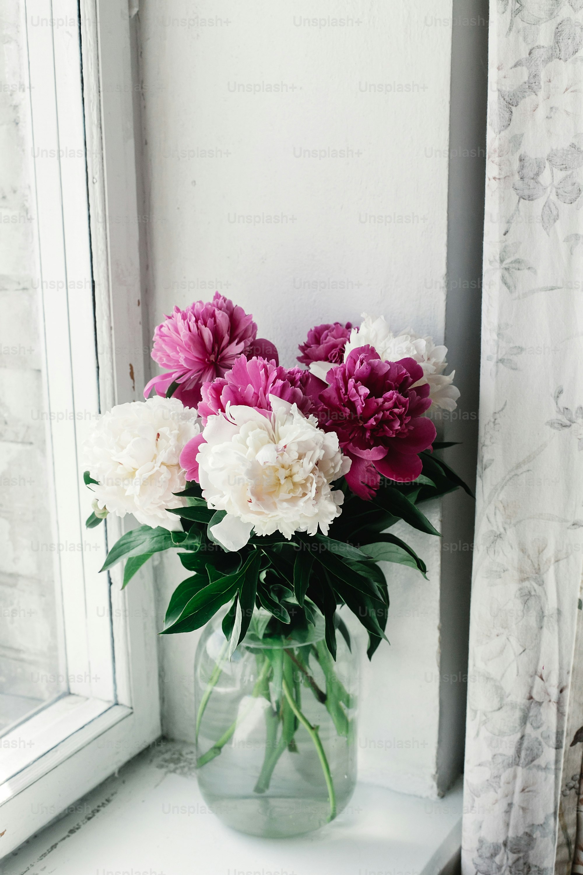 beautiful bunch of peonies in vase on wooden white window sill background, rustic wallpaper concept, space for text