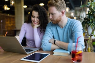 Happy young couple spending time at coffee shop working on laptop