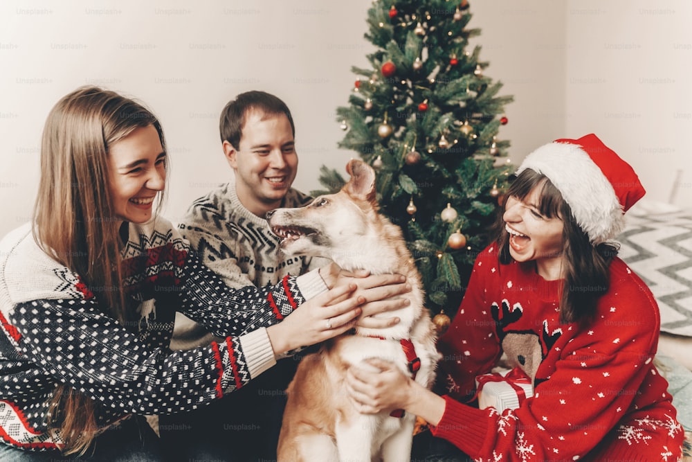 Feliz Navidad y Feliz Año Nuevo concepto. Familia hipster con estilo en suéteres festivos jugando y sonriendo con un lindo perro en las luces del árbol de Navidad. Felices Fiestas. Momentos emocionales atmosféricos