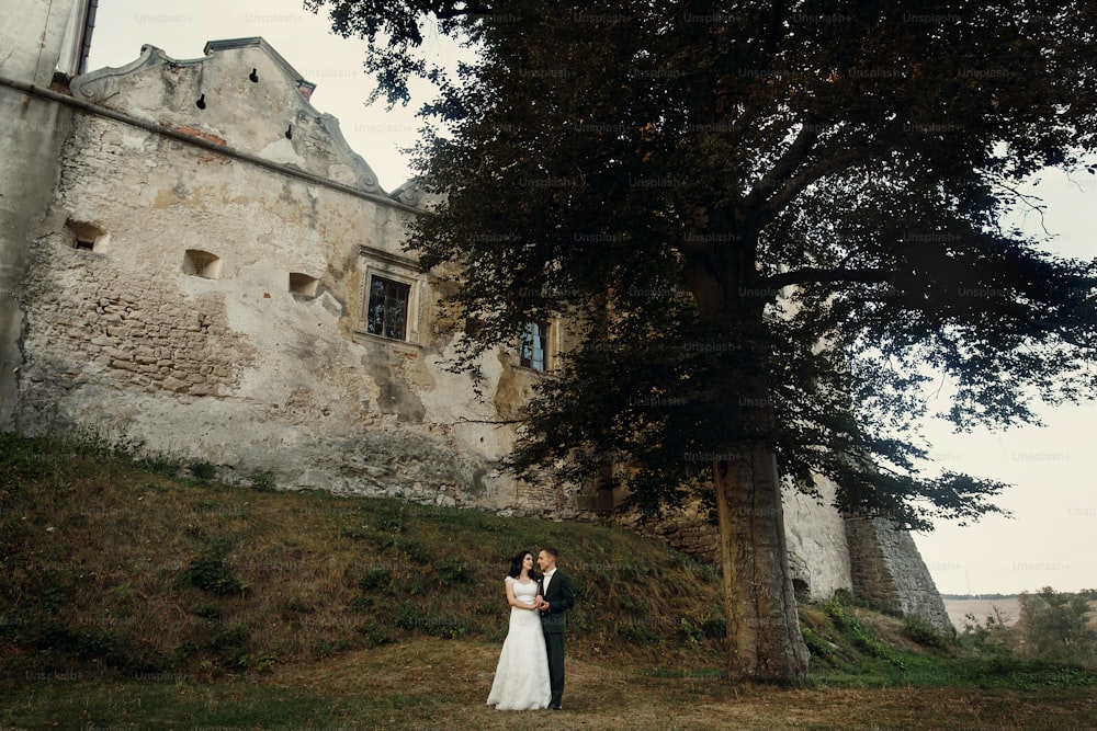 Elegante novia y novio de lujo posando juntos cerca del castillo viejo al atardecer. Momento feliz de la hermosa pareja de bodas al aire libre