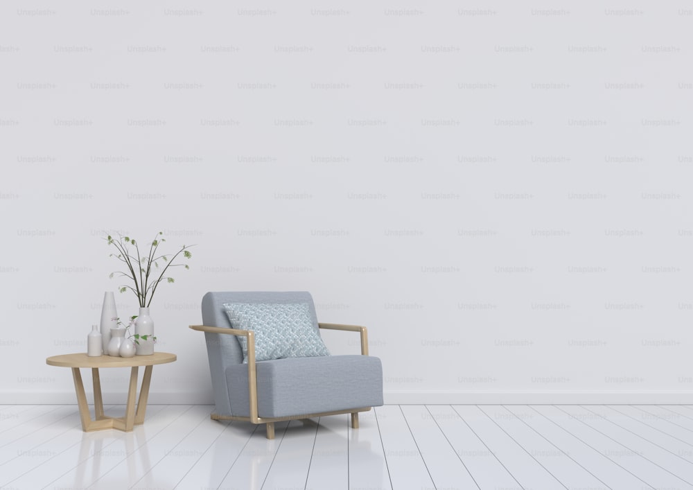 Living room with grey armchair and plant on white wall background. 3D rendering.