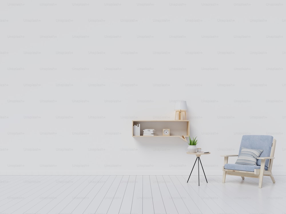 Living Room interior with velvet gray armchair , shelf with books on white wall background. 3D rendering.