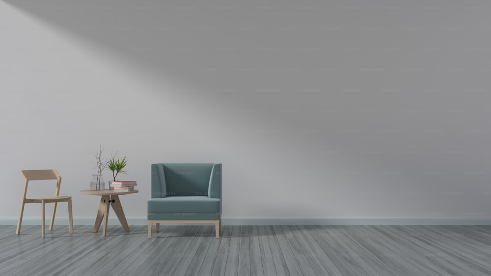 Wohnzimmer für Gespräche mit Stühlen und einem Tisch eine weiße Wand, 3D-Rendering