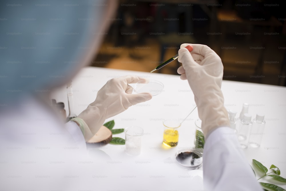 과학자는 실험실에서 유리 큐벳에 녹색 잎을 들고 있다. 생명 공학 개념입니다.