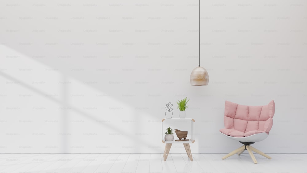 Pink armchair with cabinet in white room with simple lamp on empty wall. 3d rendering