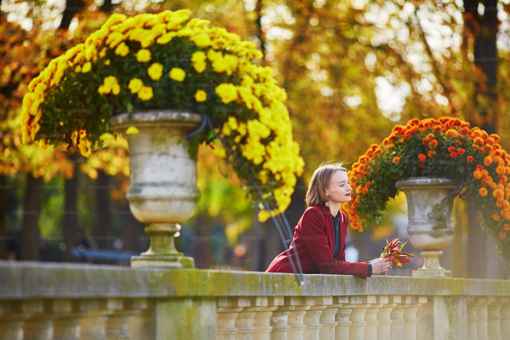 秋の日に公園を歩いている色とりどりの紅葉の束を持つ美しい若い女性。リュクサンブールの庭、パリ、フランス