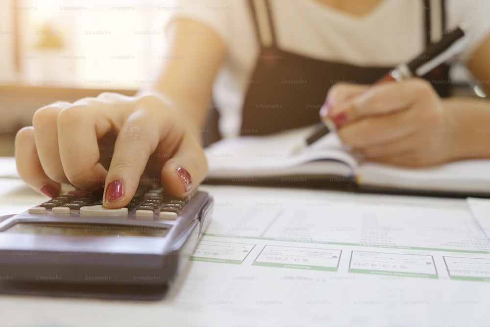 As fêmeas calculam os dados financeiros com o tiro cortado na calculadora.
