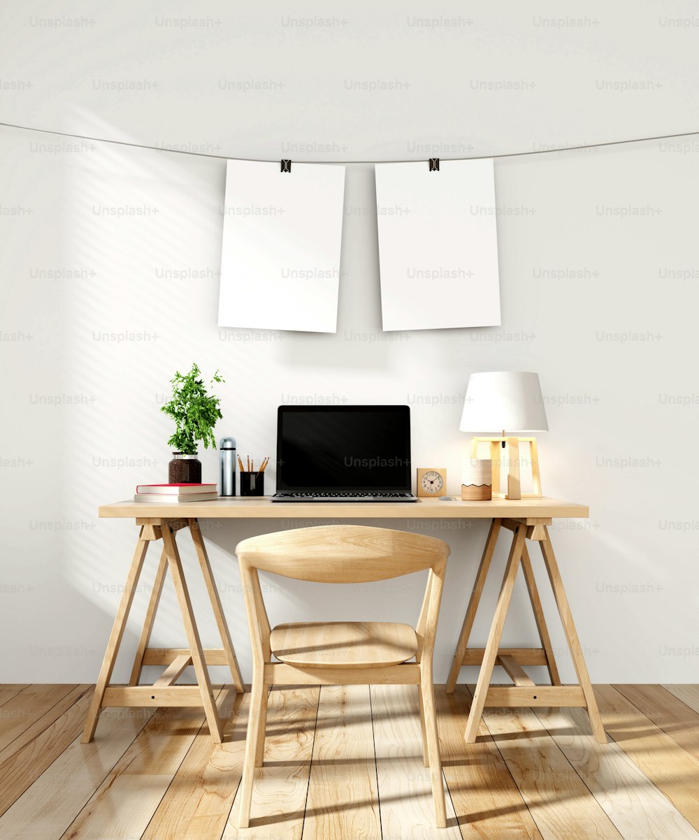 Working room with empty Frame hanging on wall modern minimalist interior,3D rendering