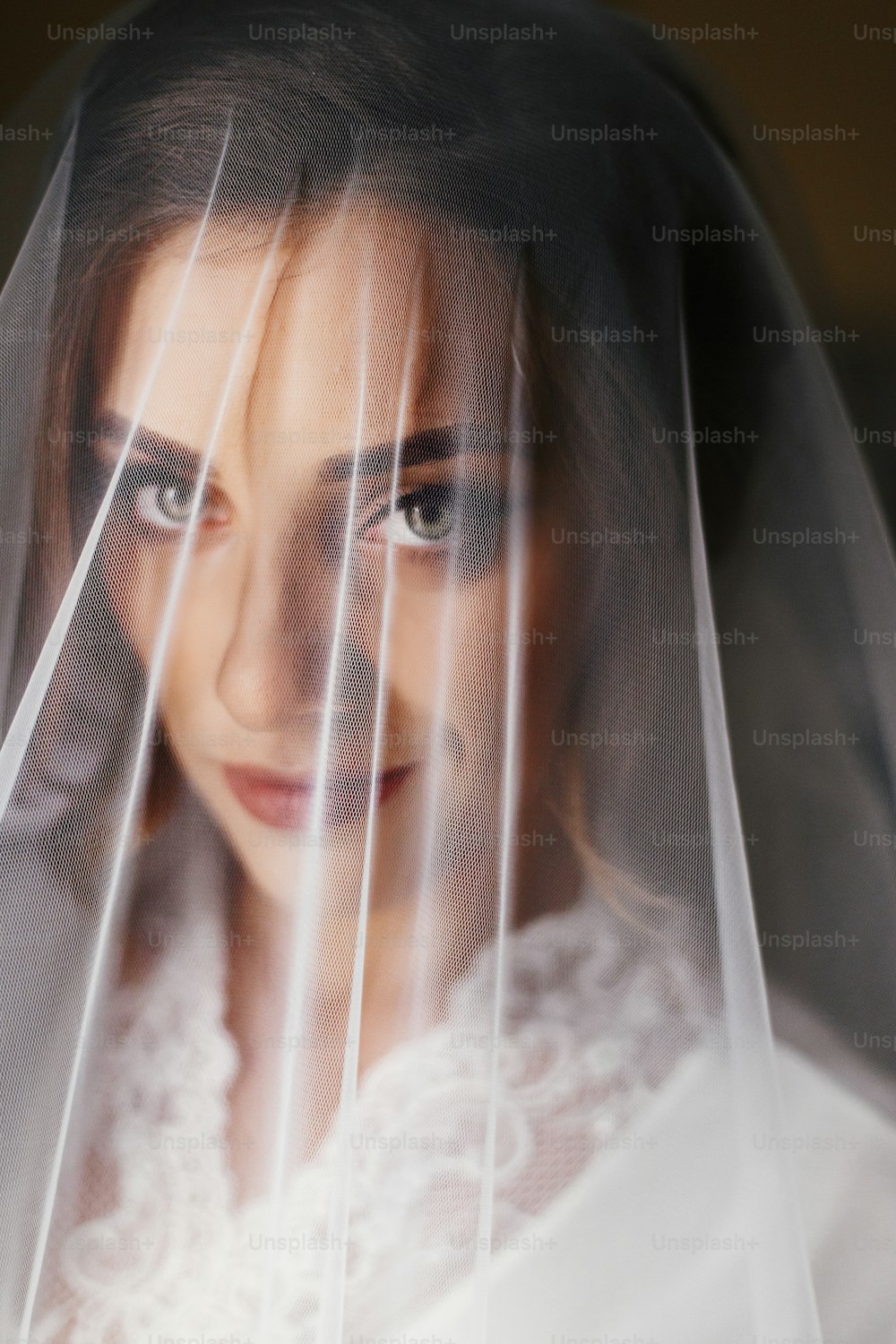 Wunderschöne schöne Braut in Seidengewand unter Schleier, die im weichen Licht am Fenster posiert. Glückliche stilvolle Braut mit perfektem Make-up lächelnd. Brautvormittag