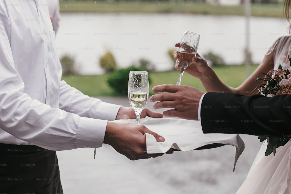 Waiter serving champagne to Group of people. Hands toasting with champagne at wedding reception. Rich people cheering with alcohol drinks at party outdoors. Luxury Christmas feast