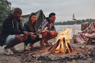캐주얼한 옷을 입은 젊은이들이 호수 근처에서 쉬는 동안 모닥불 위에서 마시멜로를 구워 먹습니다.