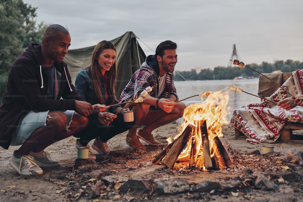 Grupo de jovens em trajes casuais assando marshmallows sobre uma fogueira enquanto descansam perto do lago