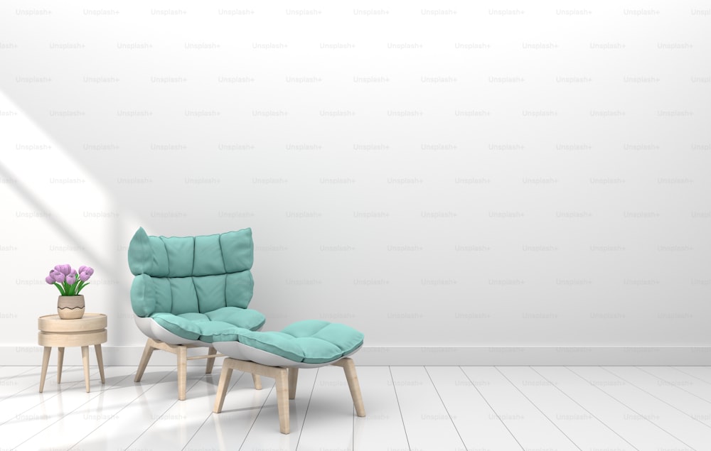 Modernes Interieur mit Sessel und Blume in weißem Raum, 3D-Rendering