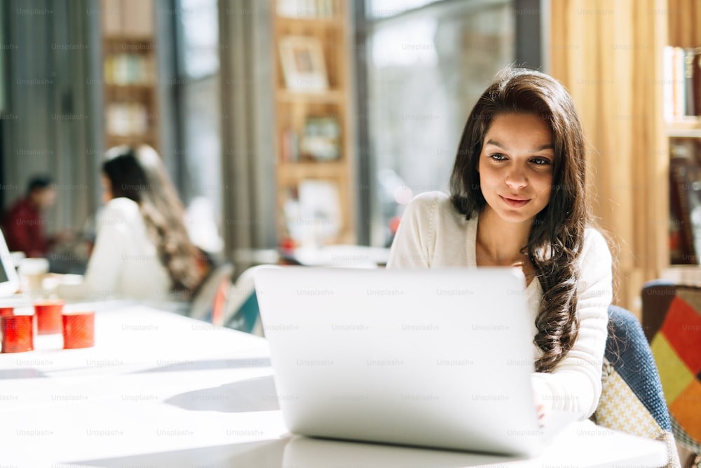 Beautiful young cute brunette using laptop in cafe