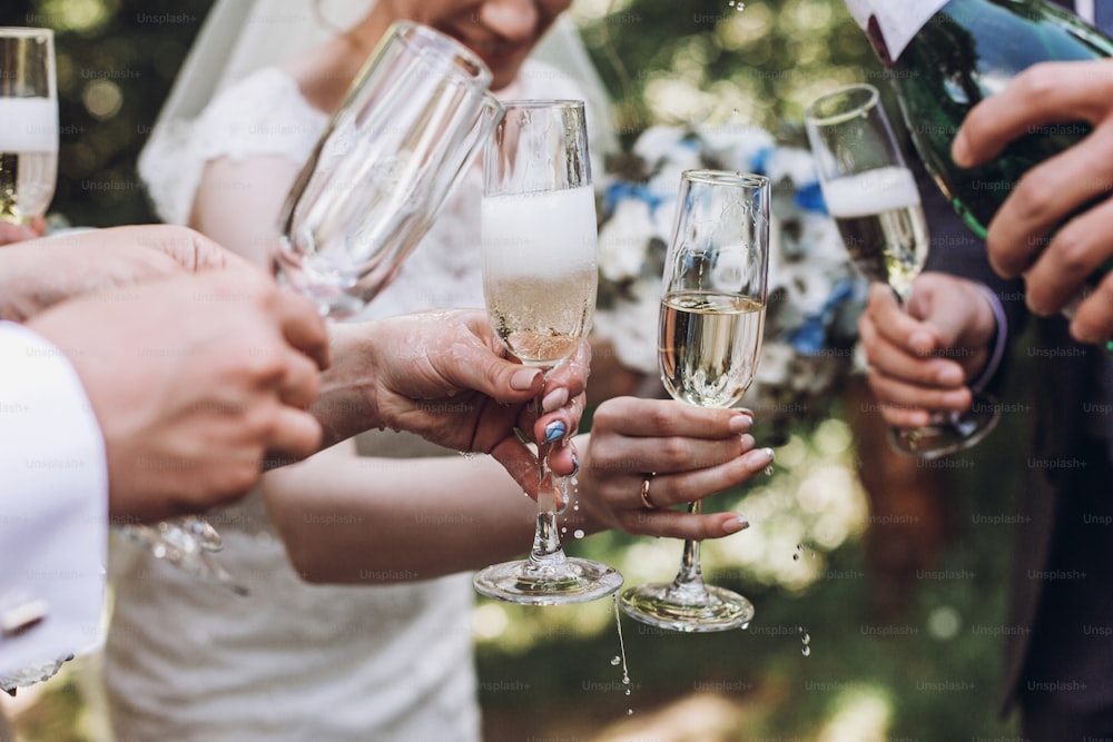 Glückliche Gruppe von Menschen, die mit Champagner anstoßen. Frau mit einem Glas Champagner. Brautbraut Brautjungfern und Bräutigam Trauzeugen haben Spaß. Feierlichkeit. Weihnachten