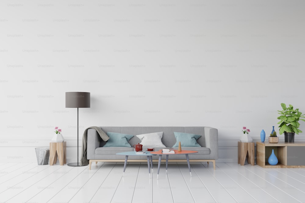 White room have gray sofa and wooden table with Flower,coffee,book on empty wall in simple living room interior,3d rendering