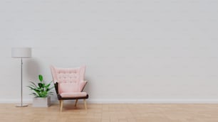 The interior has room a armchair and Cabinet book on empty white wall background,3D rendering