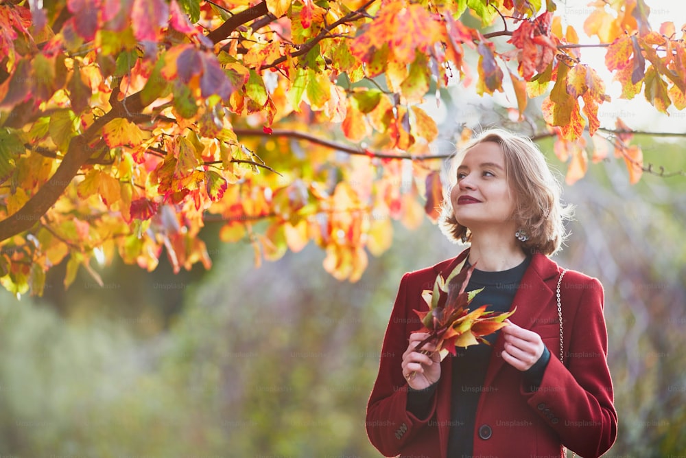 Beautiful young woman with bunch of colorful autumn leaves walking in park on a fall day