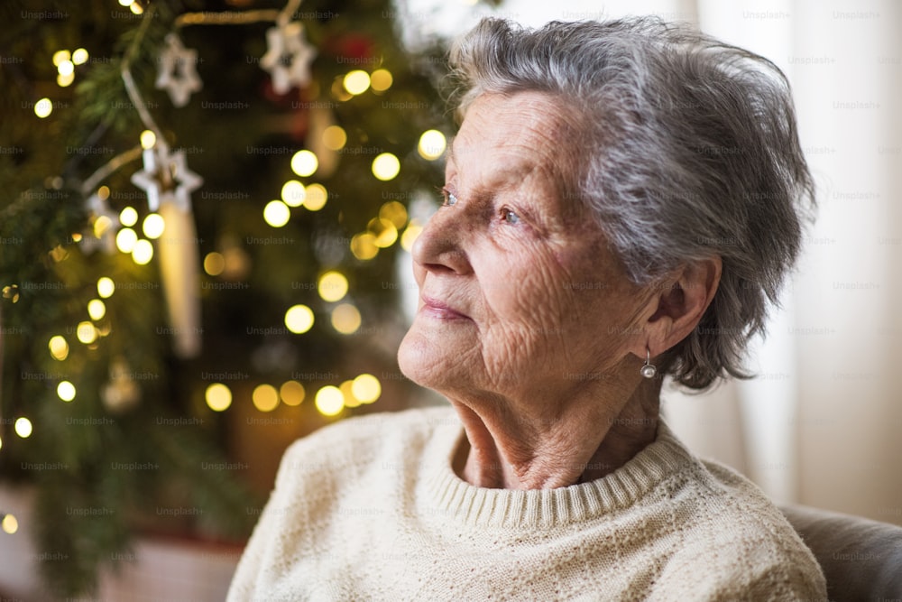 크리스마스 시간에 집에서 휠체어를 탄 외로운 노인 여성의 초상화.