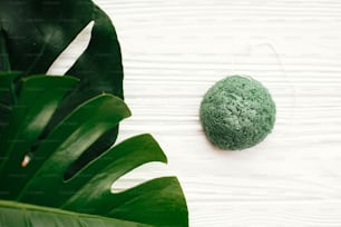 Natural eco friendly konjaku sponge on white wood with green monstera leaves. Zero waste concept. Eco products plastic free. Skin Care and treatment