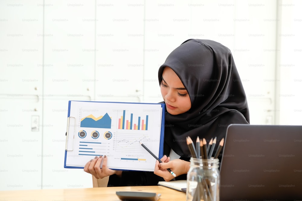 Female Islam businesswoman present finance report.