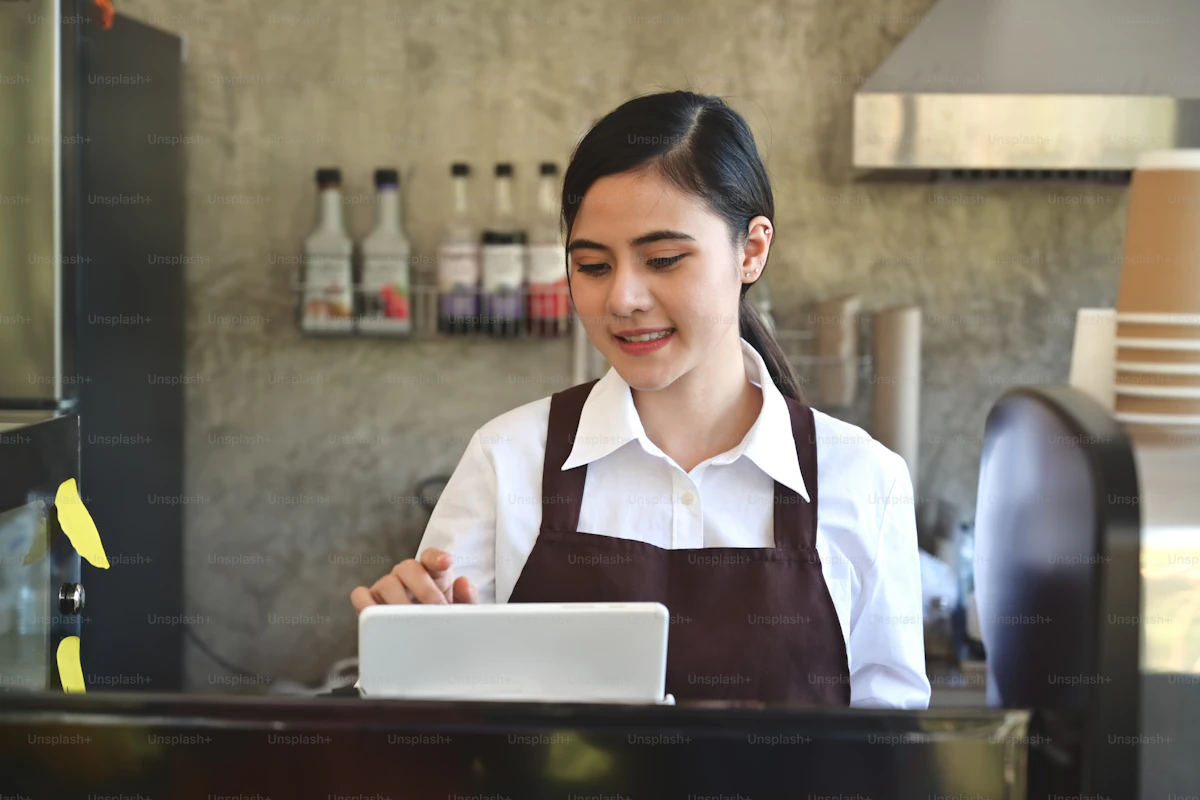 Barista sonriendo mientras toma un pedido con una tableta