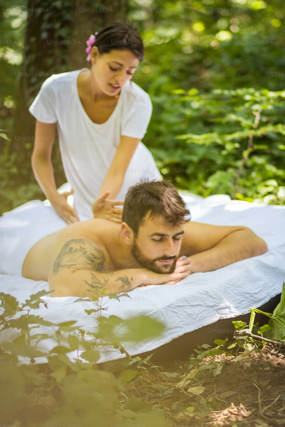 Show love and otherwise. Couple relationship in nature.  Spa moments.