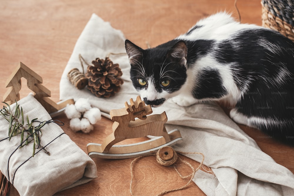 Cute cat smelling rustic reindeer toy and stylish christmas gift wrapped in linen fabric with green branch on wooden table with pine cones, twine, cotton. Funny moment. Simple eco presents