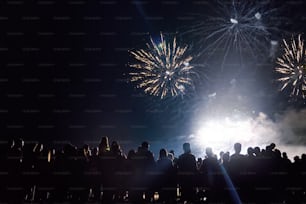 Folla che guarda i fuochi d'artificio e festeggia il nuovo anno
