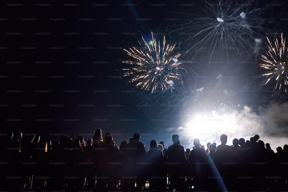 Crowd watching fireworks and celebrating new year