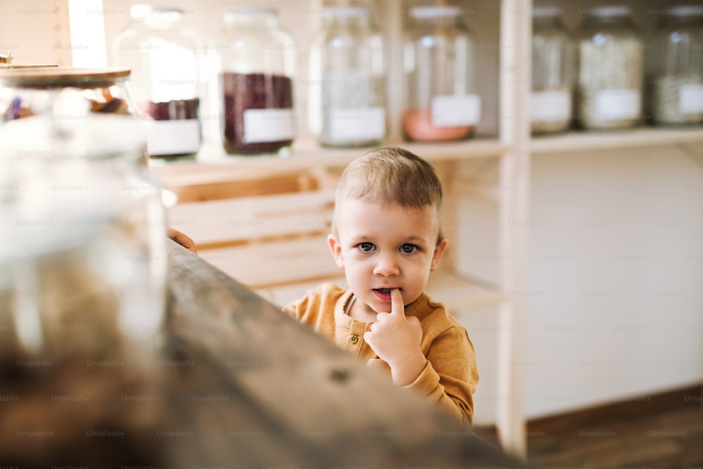 제로 웨이스트 샵의 카운터에 서 있는 귀여운 작은 유아 소년, 입에 손가락을 물고 있습니다.