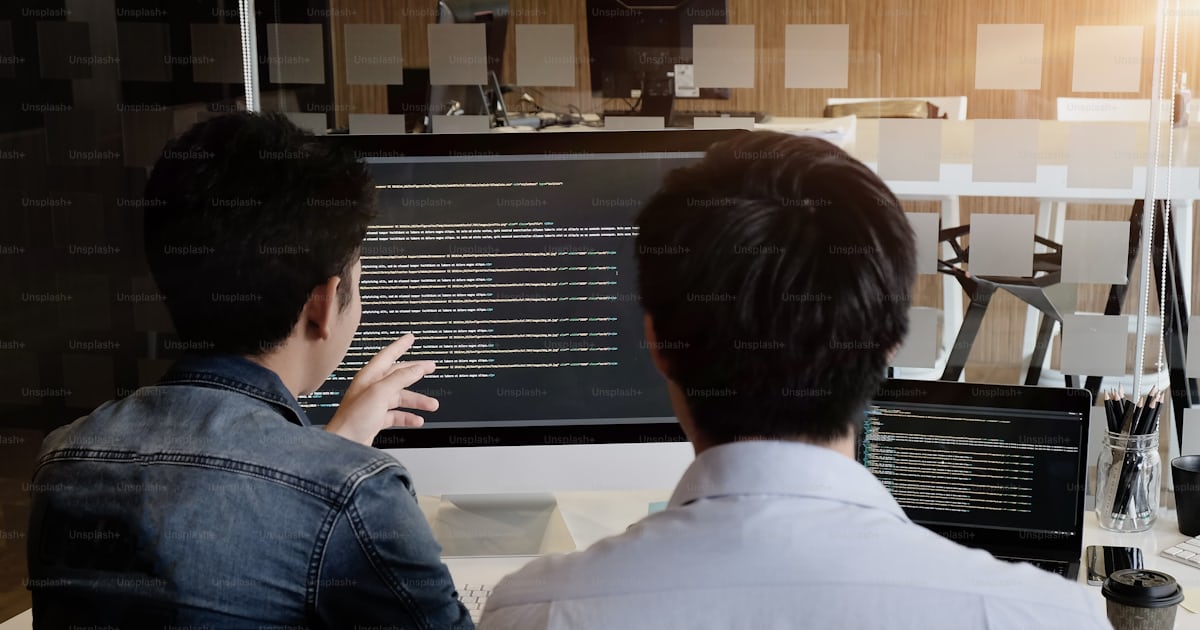 Programer team working with computer, coding software development ...