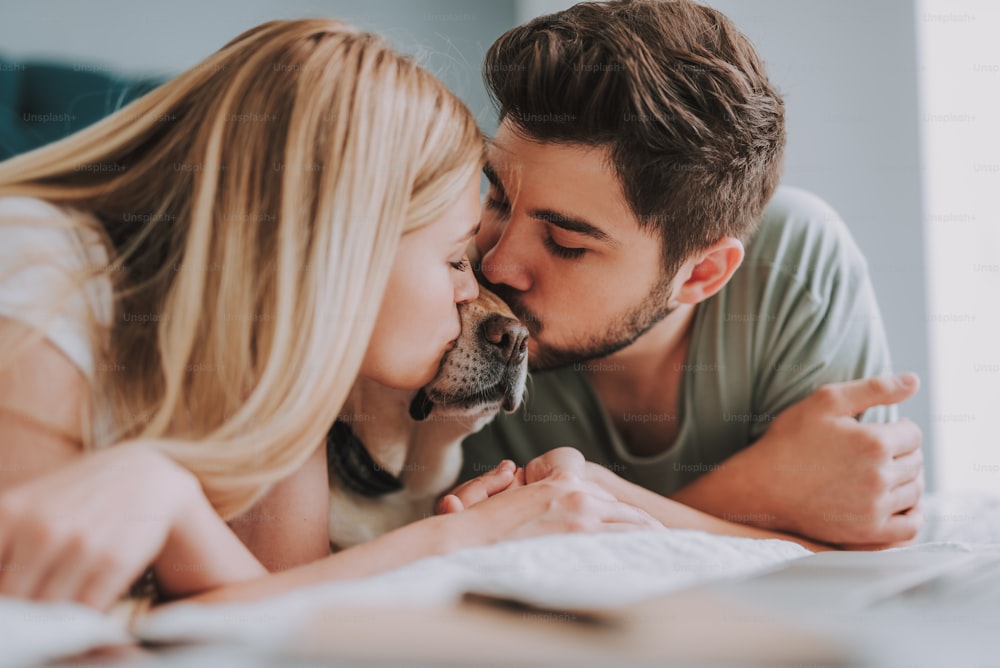 Pleasant nice couple lying in bed while kissing their domestic animal