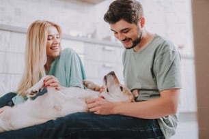 Contented dog lying on lap of its owners. Happy family spending time together at their cozy home