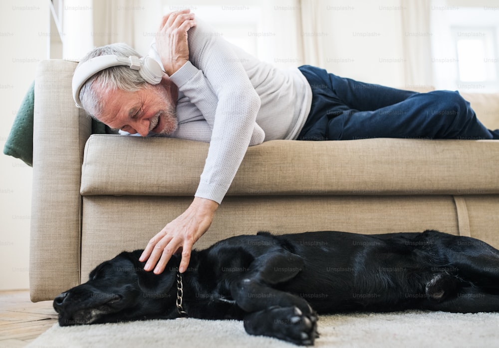 A happy senior man with headphones lying on a sofa indoors at home, playing with a pet dog while listening to music.