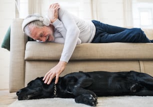 Un anciano feliz con auriculares acostado en un sofá en el interior de su casa, jugando con un perro mientras escucha música.