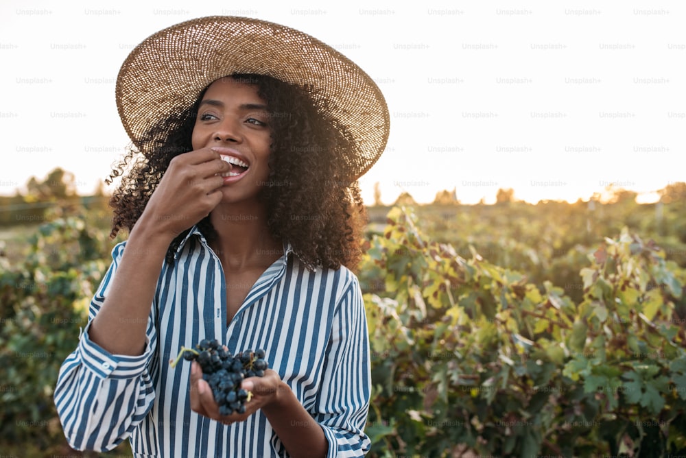Happy young woman in a straw hat eating grapes in a vineyard