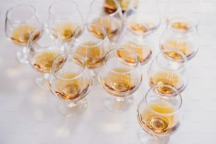Cognac row on table party at wedding reception. Whisky in glasses at alcohol bar. Christmas and New Year feast. Celebrations and party concept. Alcoholic drinks