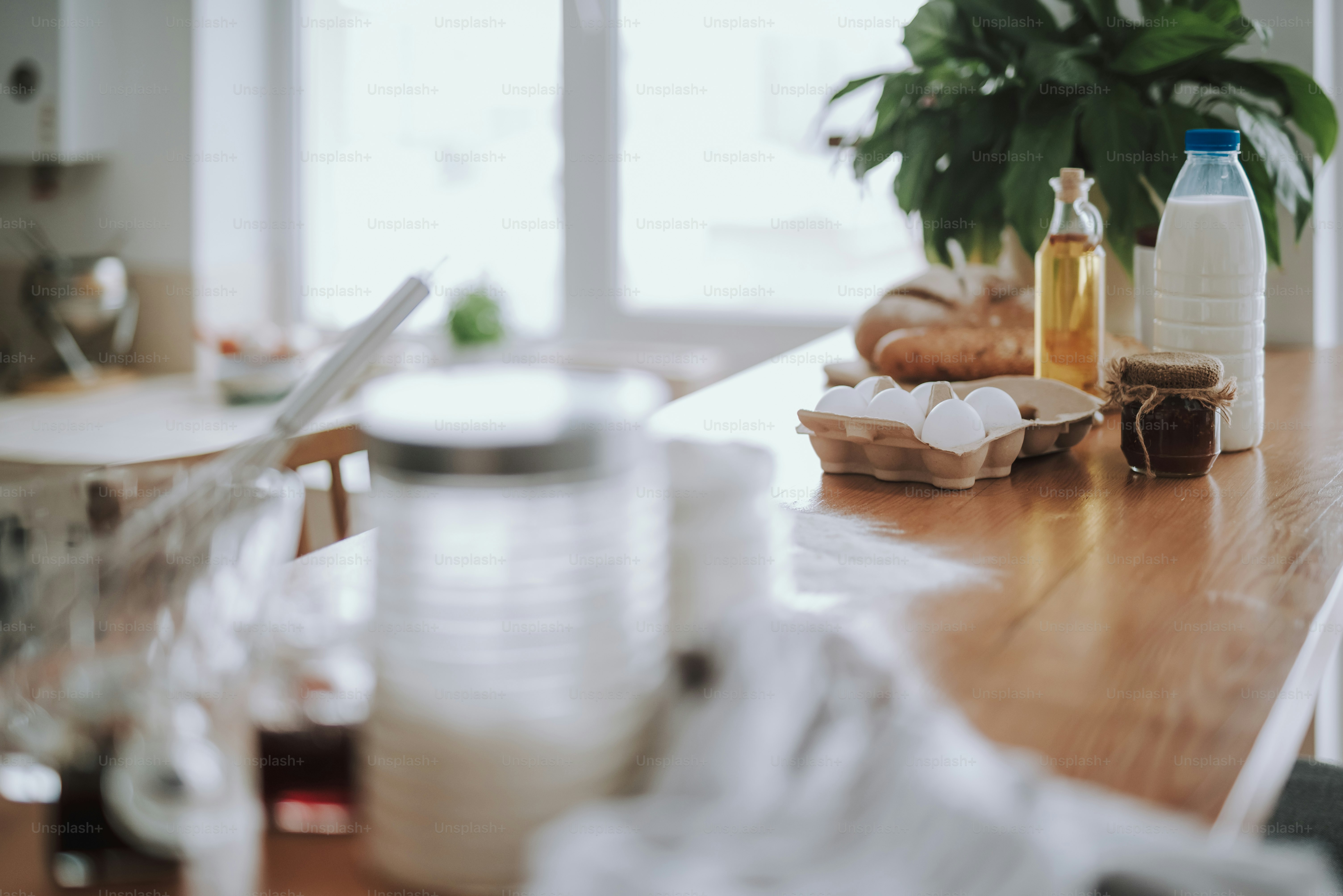 Focus on oil and eggs with other products for making dough. They are waiting for being used for cooking tasty homemade pastry