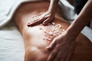 Concept de relaxation et de soins du corps. Portrait en gros plan d’un thérapeute appliquant du sel minéral sur le dos d’une jeune femme tout en faisant un massage sain dans un salon de beauté spa