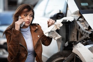 Young sad woman using mobile phone and calling for help while looking at her wrecked car.