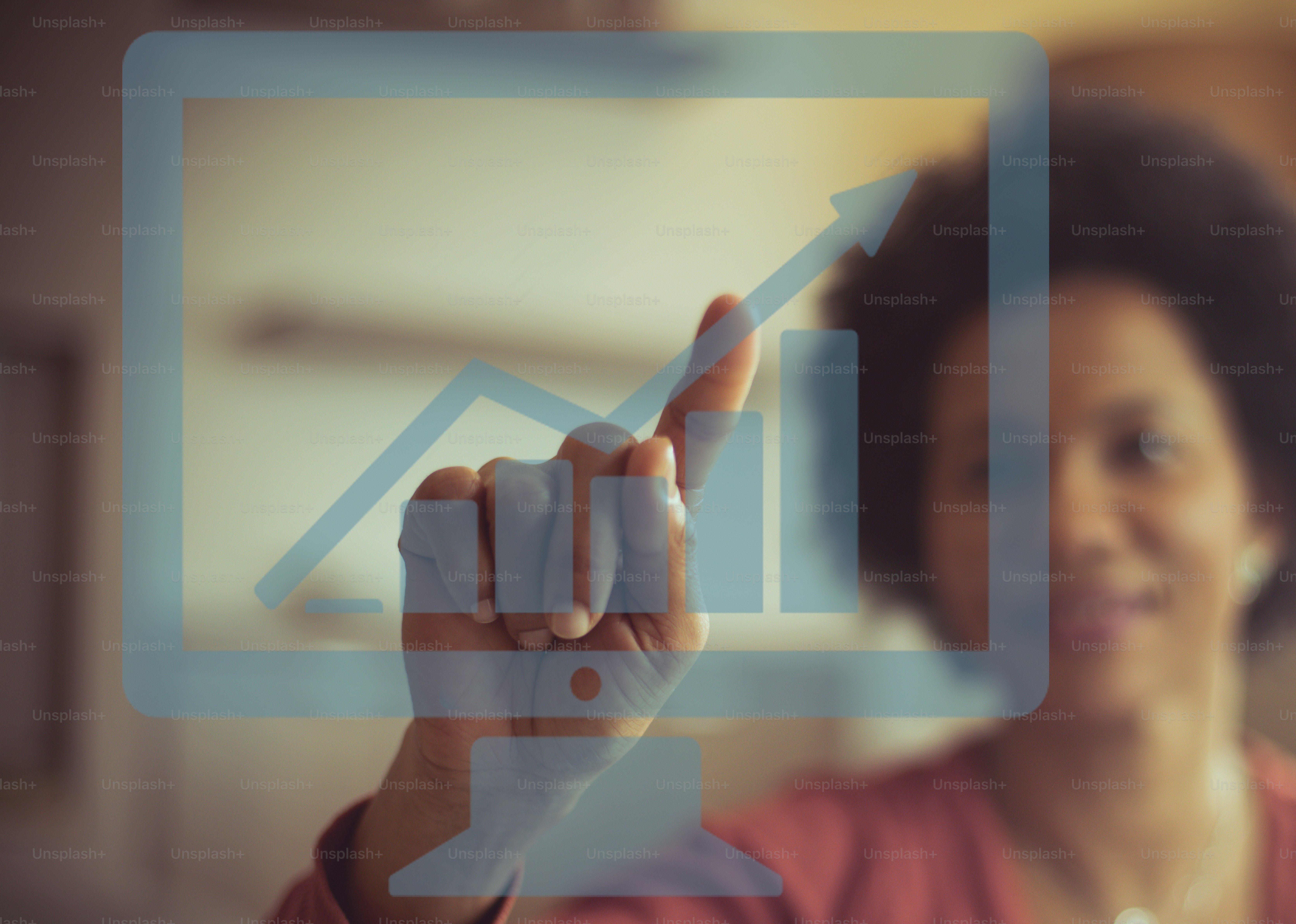 Finance is on the rise. African American Woman hand pressing touch screen. Focus on finger. Close up.