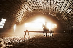 Majestic image of horse horse silhouette with rider on sunset background. The girl jockey on the back of a stallion rides in a hangar on a farm and jumps over the crossbar. The concept of riding.