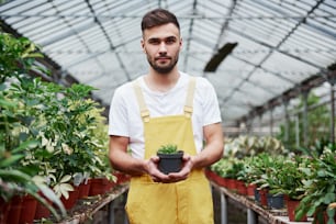 Photo of beautiful bearded greenhouse worker holding the vase in hands.