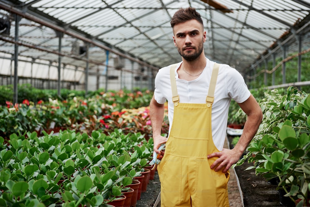 Photo of young attractive garderen standing between the garden beds with vases and other plants.