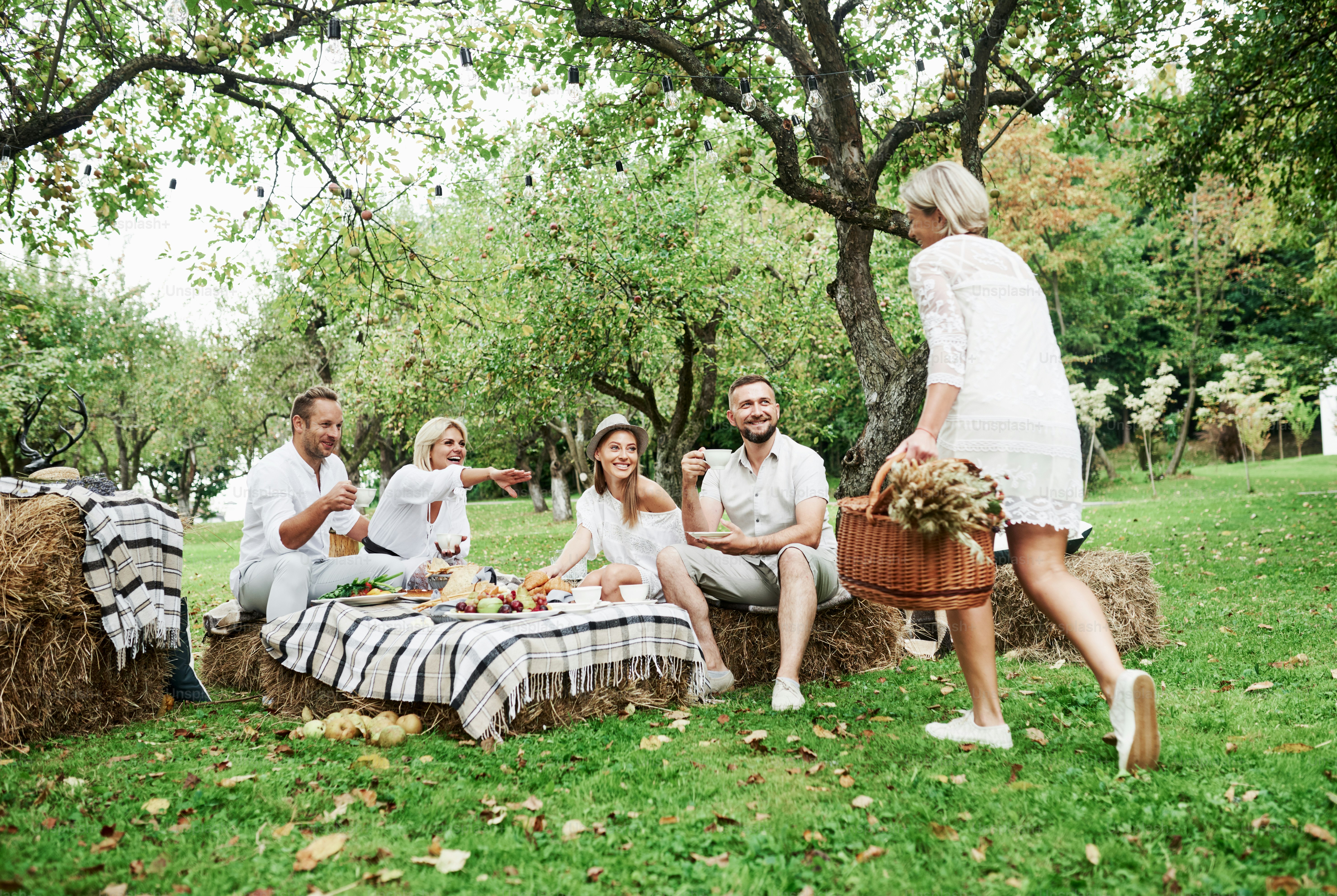 Woman carries a basket of dried wheat. Group of adult friends have a rest and conversation in the backyard of restaurant at dinner time.